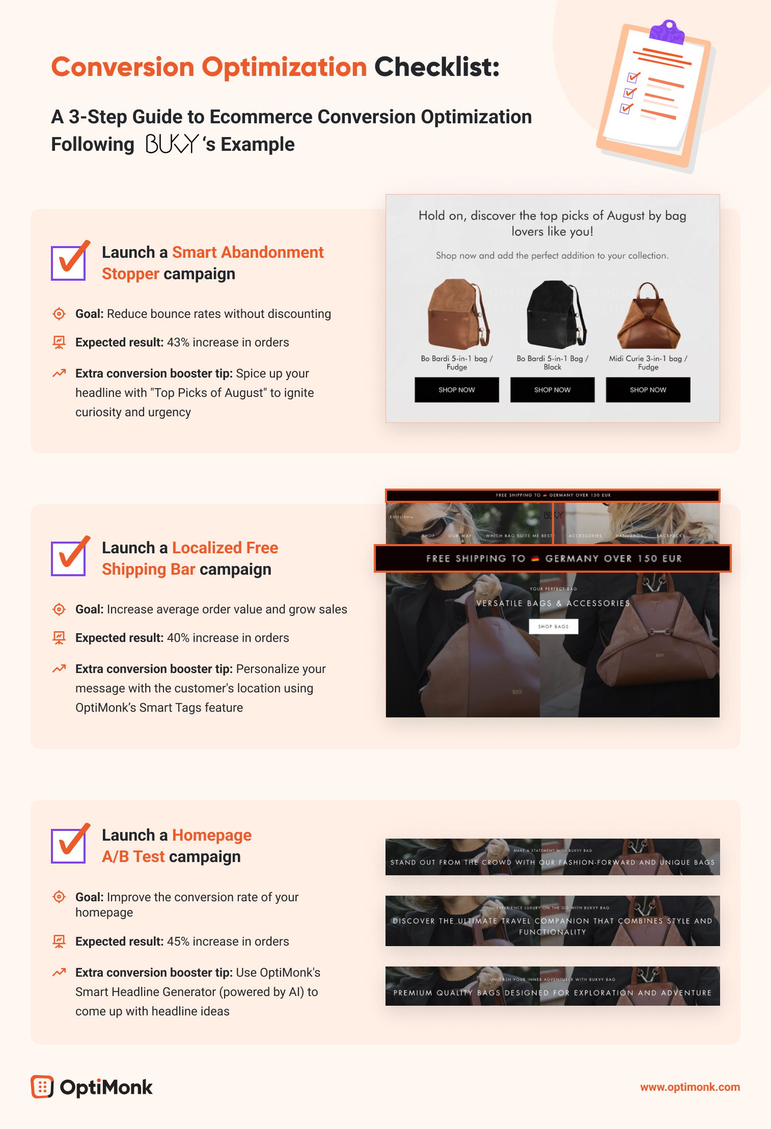 Bukvybag checklist Infographic - A 3-Step Guide to Ecommerce Conversion Optimization Following Bukvybag’s Example